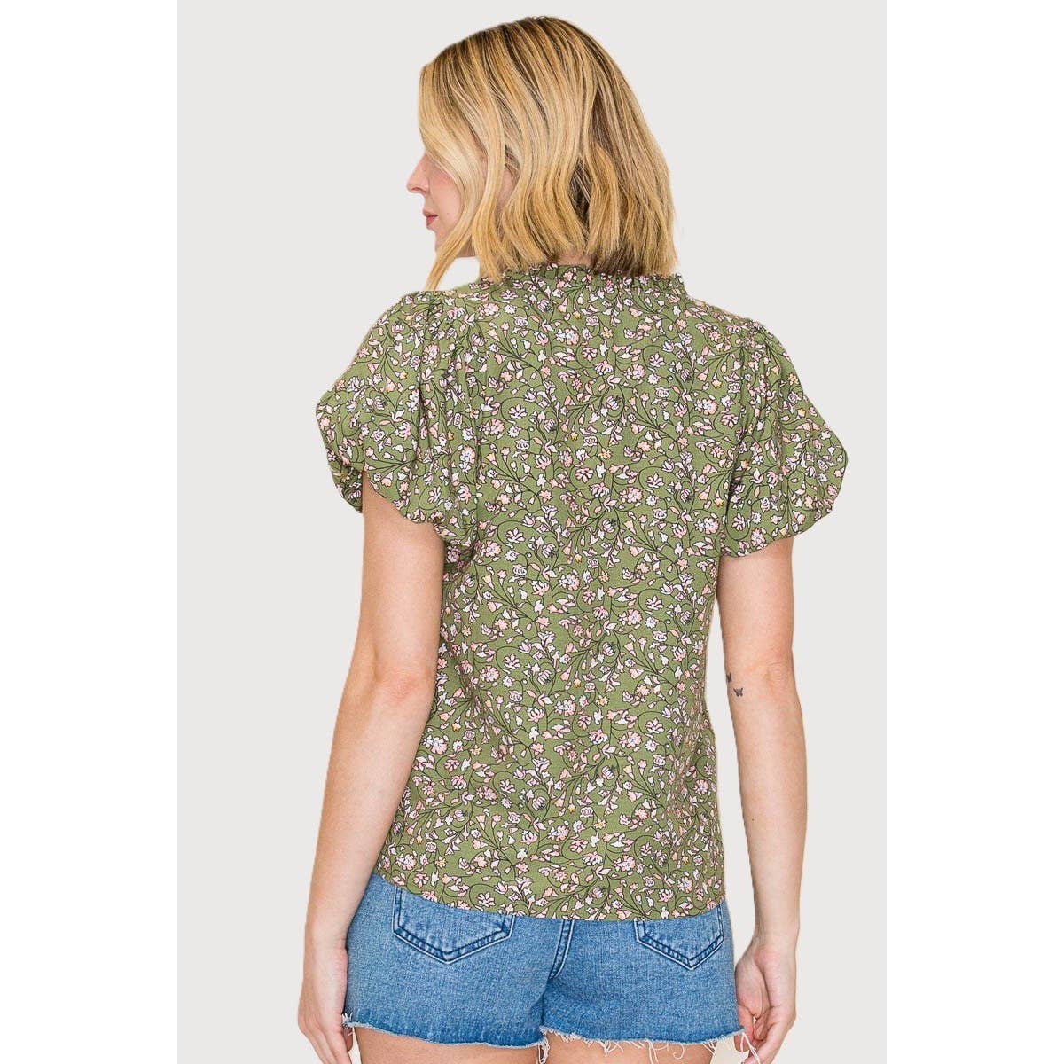 Frilled Split Neck Floral Top