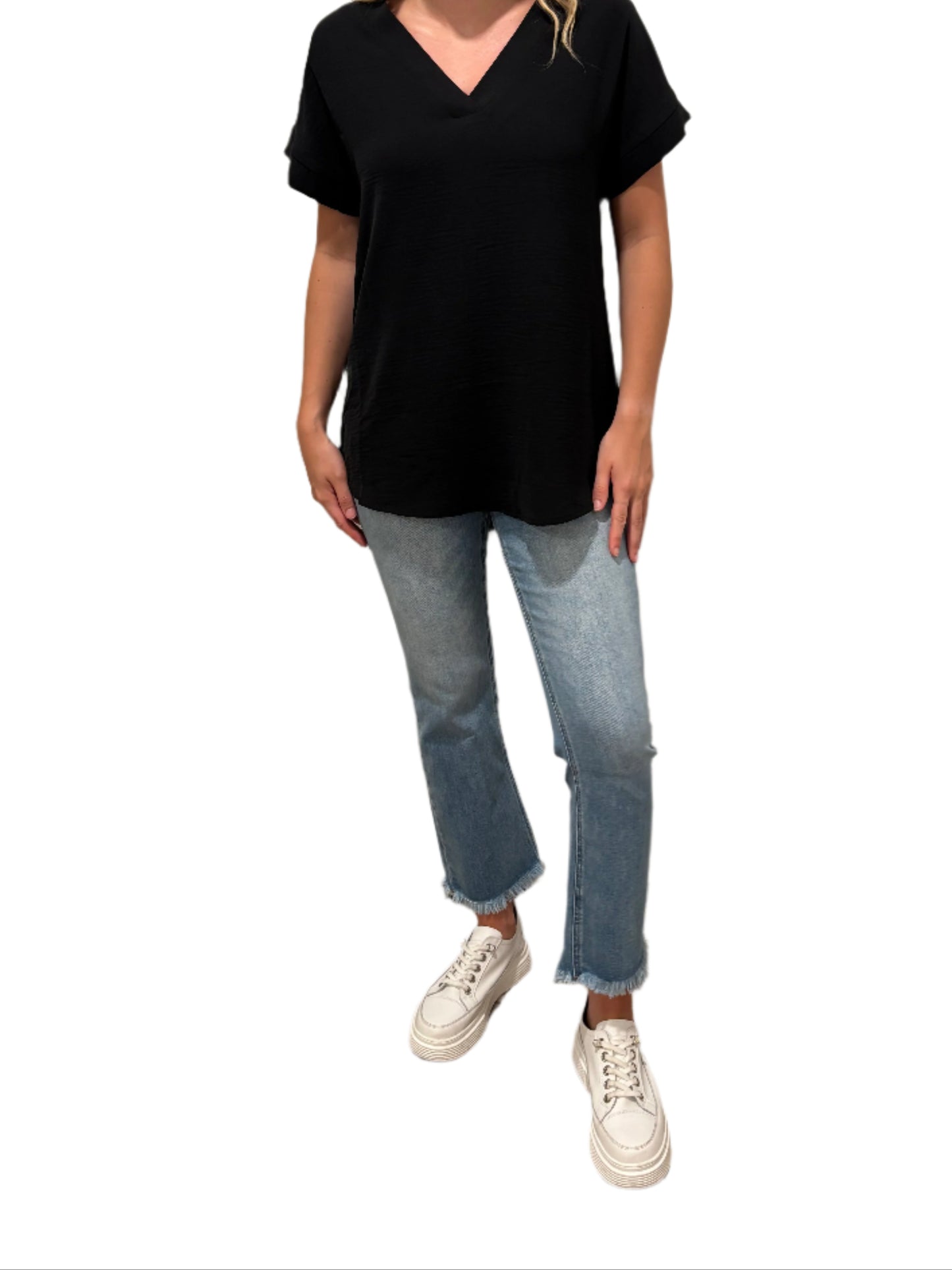 Woven V-Neck Hi-Low Hem Top