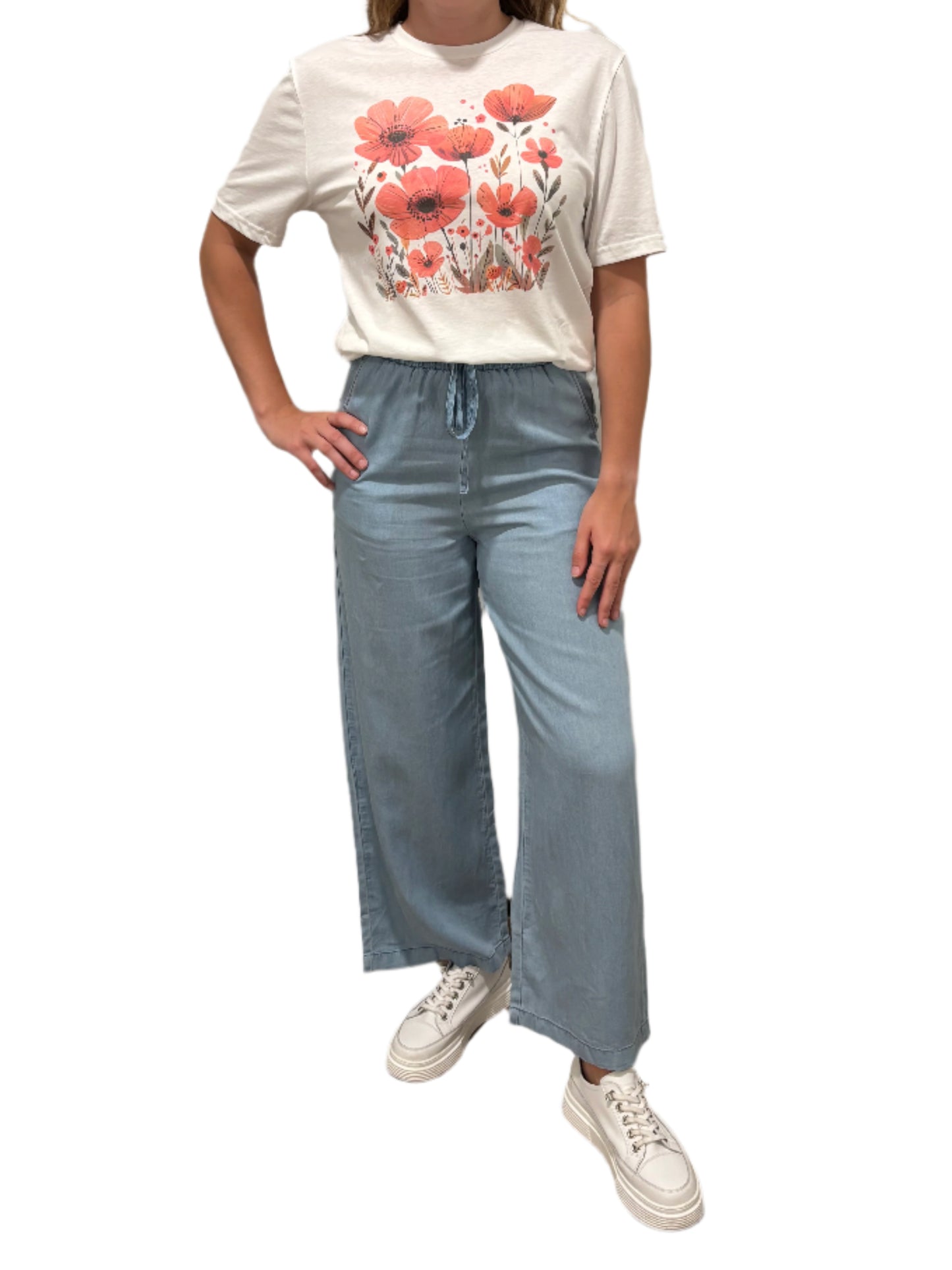 Light Denim Drawstring Wide Leg Pant