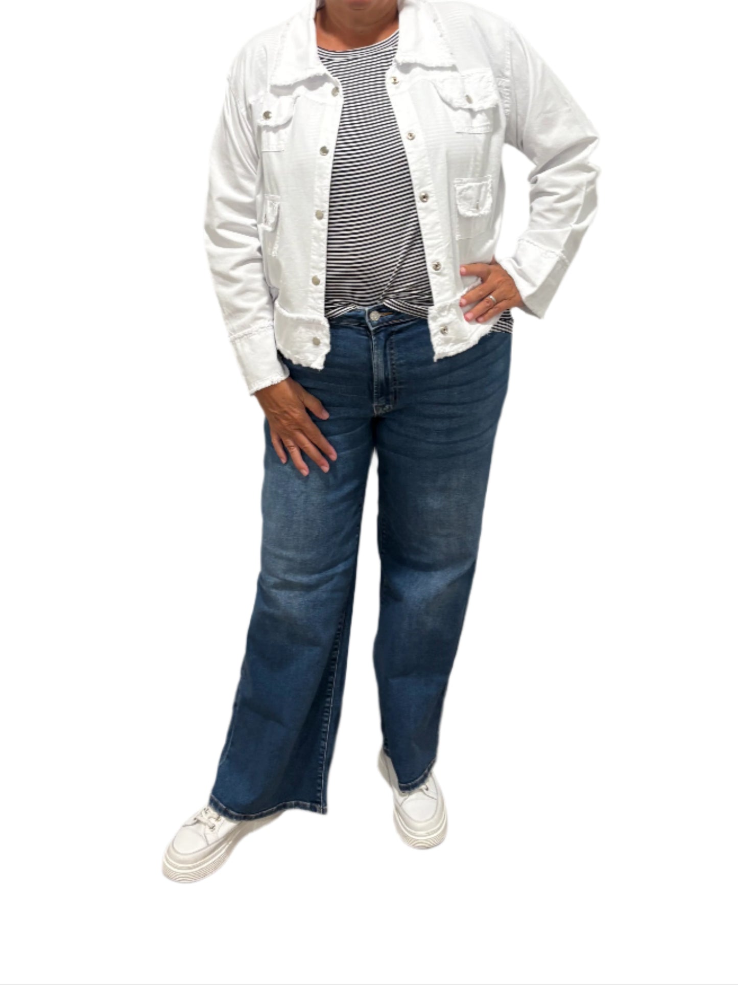 Navy and White Striped Ruffle Sleeve T- Shirt