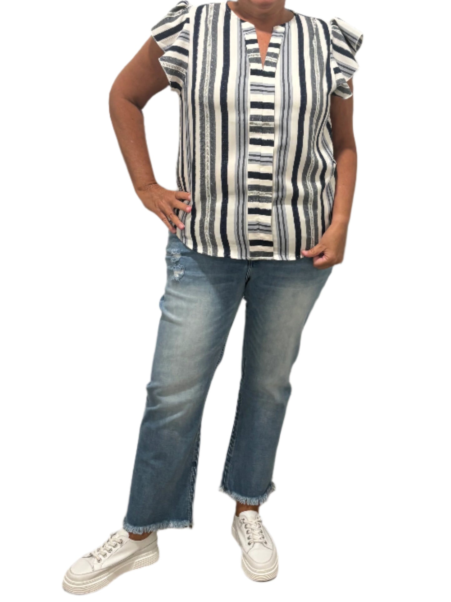 Striped Patchwork Ruffle Sleeve Top