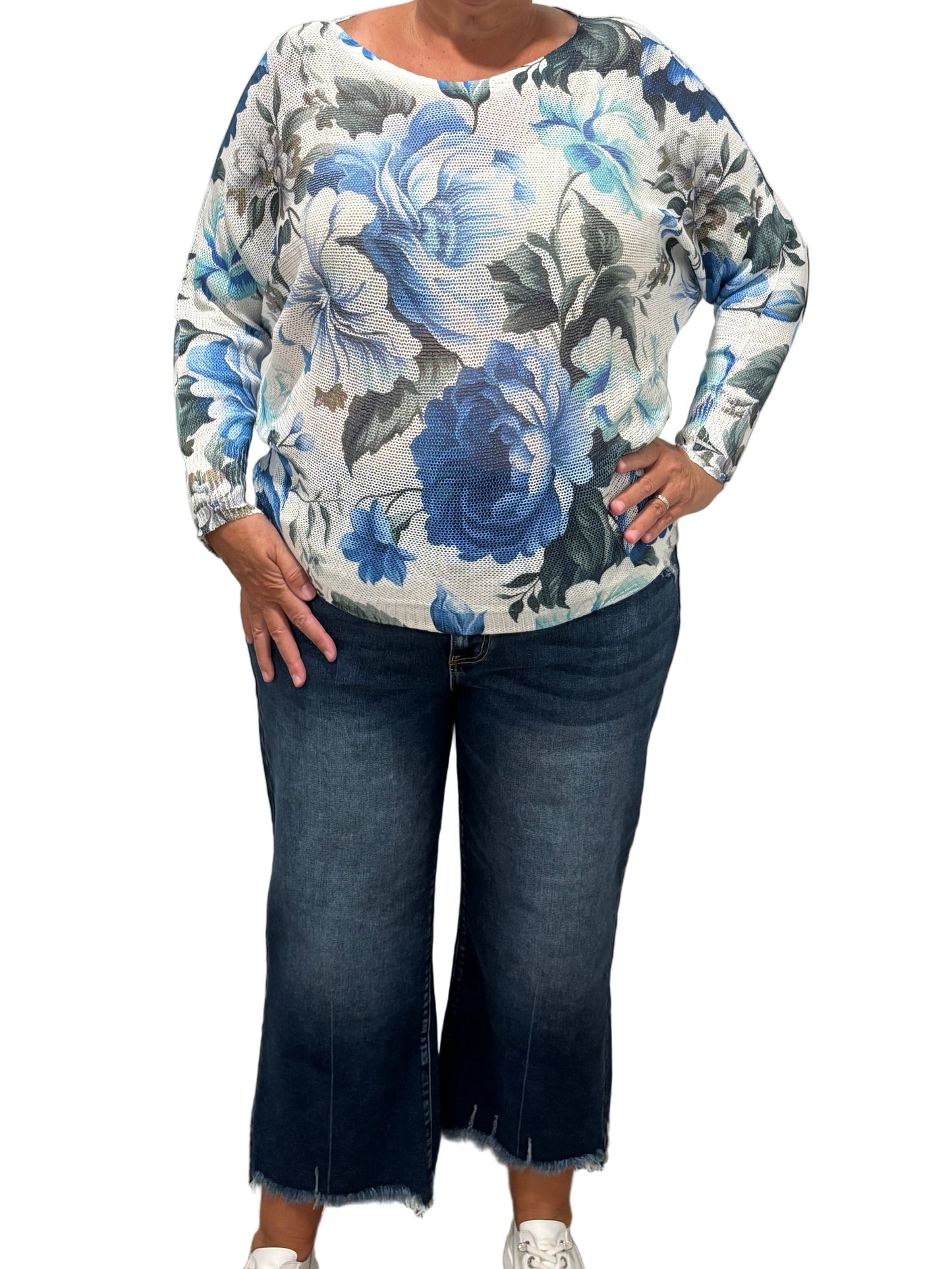 Blue & White Floral Printed Sweater