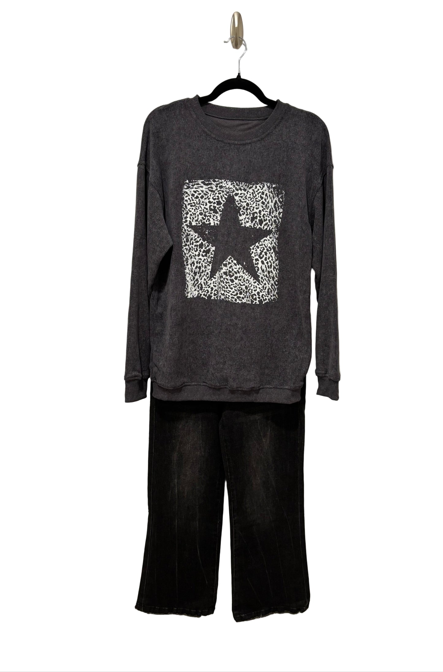 Leopard Star Corded Grey Sweatshirt