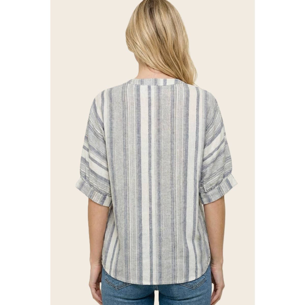 Striped V Neck Button Down Top