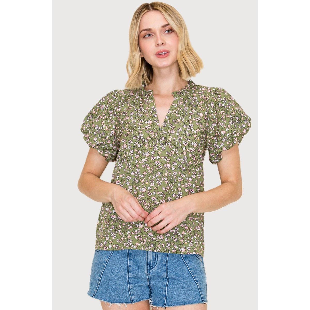 Frilled Split Neck Floral Top