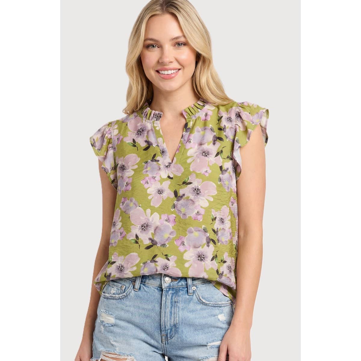 Frilled Split Neck Printed Top