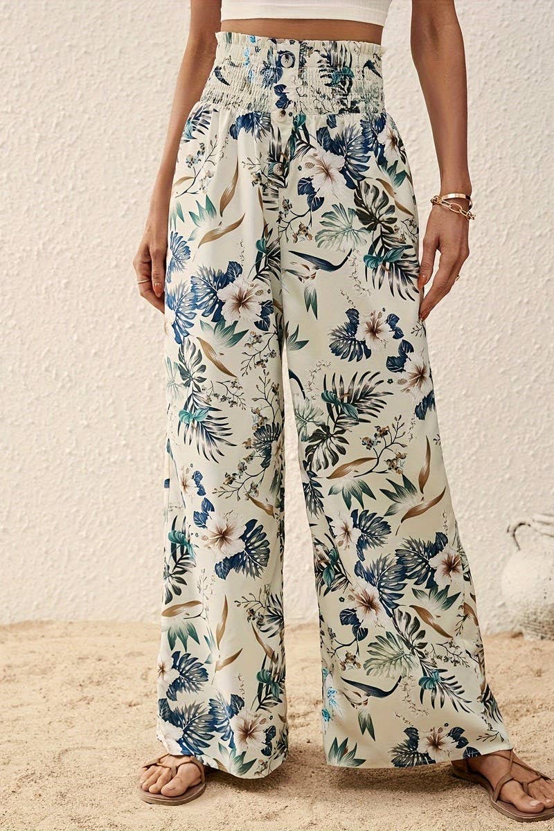 Leafy Print Wide Leg Pants