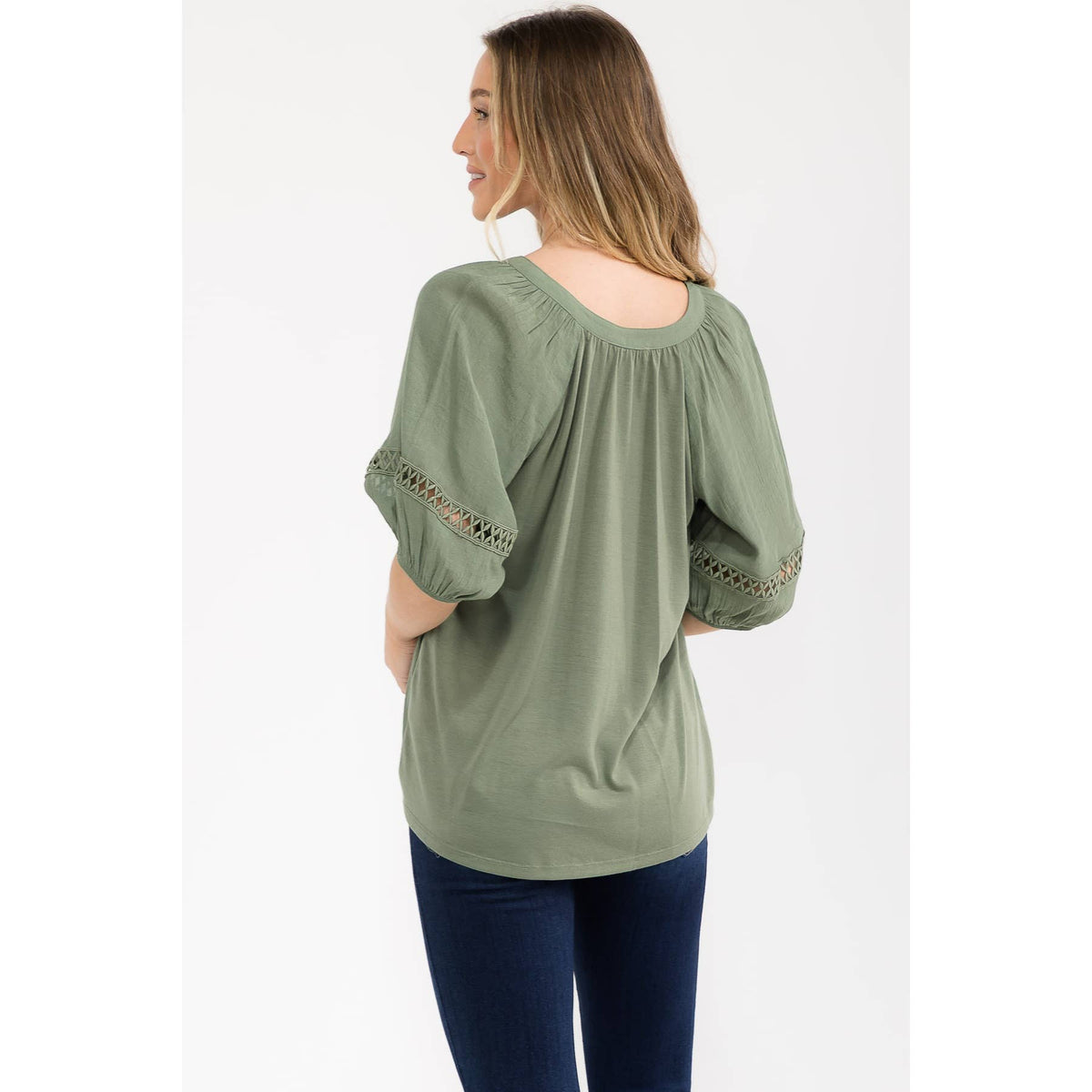 Gauze Split Neck Peasant Top