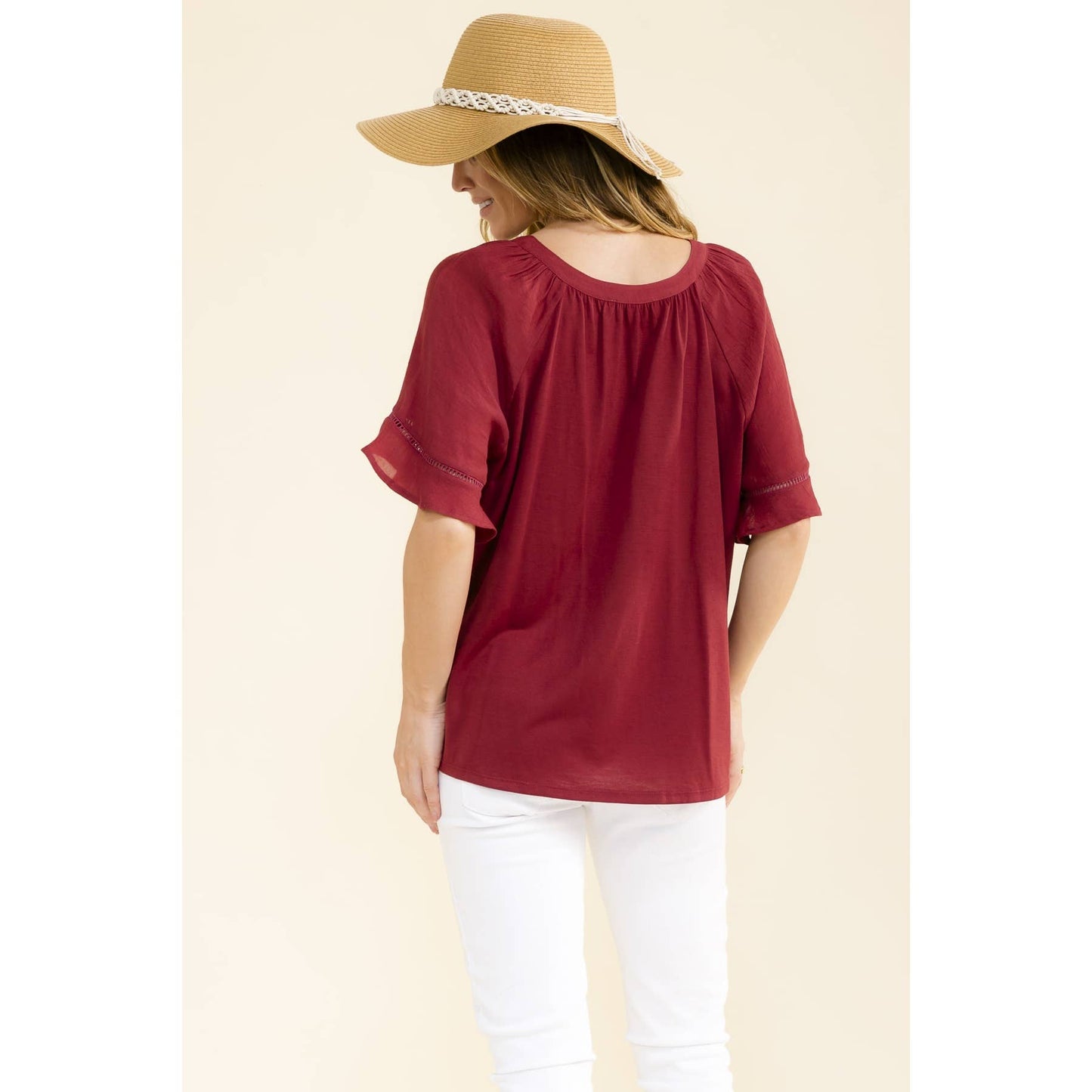 Crochet Trim Sleeve Peasant Top