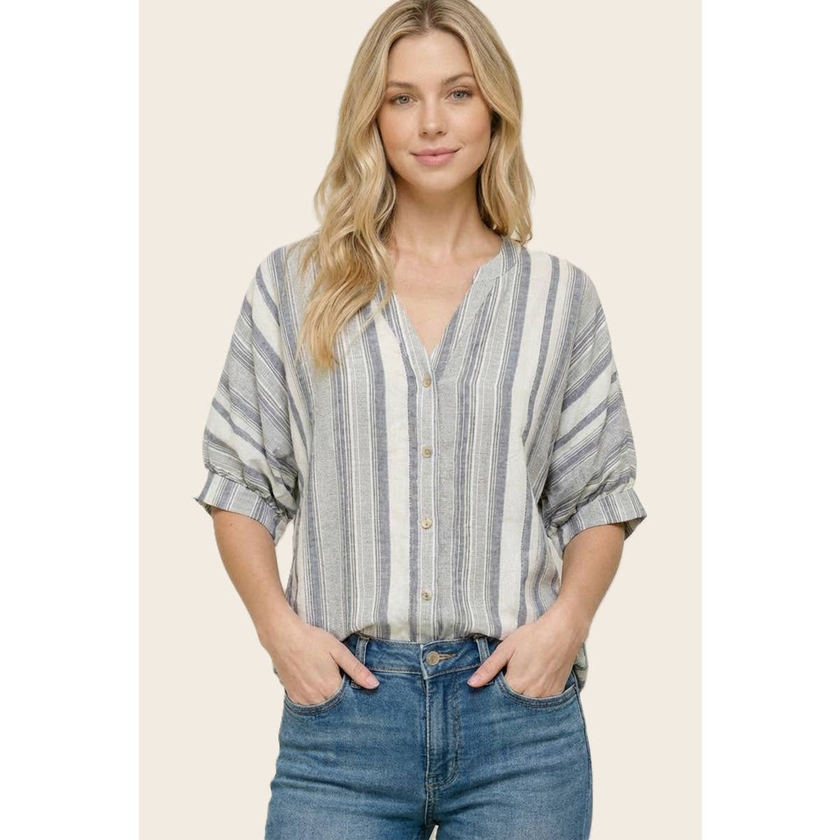 Striped V Neck Button Down Top