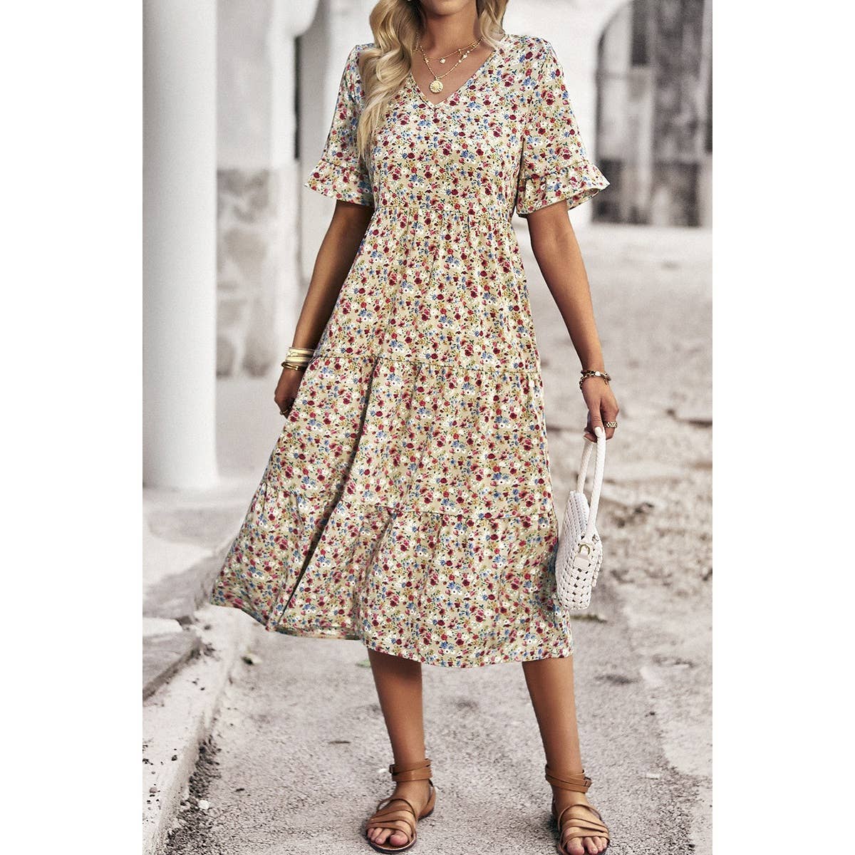 Boho Floral Short Sleeve Midi Dress