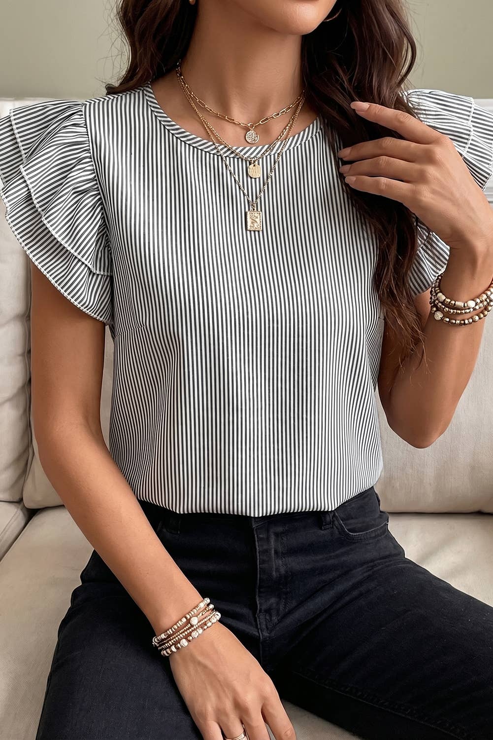 Striped Double Ruffle Short Sleeve Top