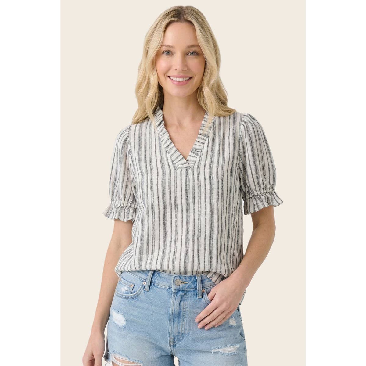 Frilled V Neck Striped Top