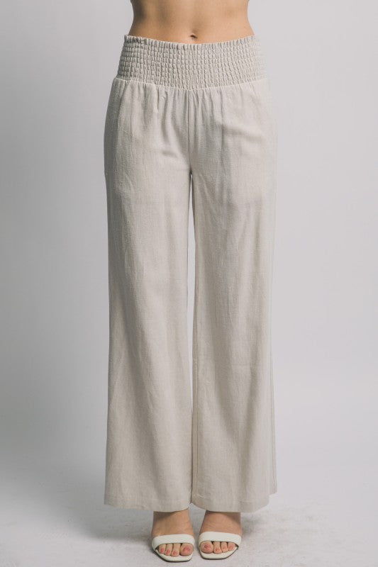 Smocked Wide Leg Linen Pants