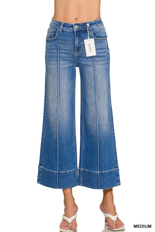Wide Leg Cropped Pintuck Denim