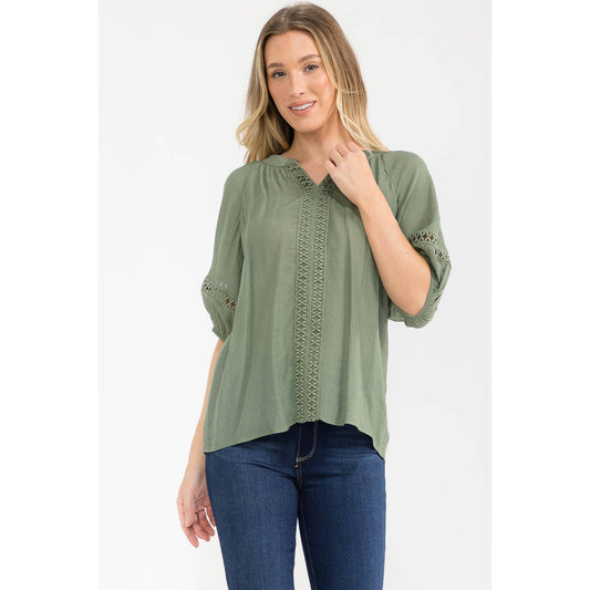 Gauze Split Neck Peasant Top