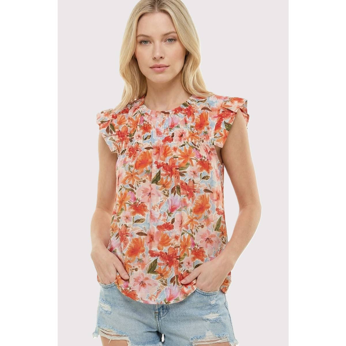 Pleated Cap Sleeve Floral Printed Top