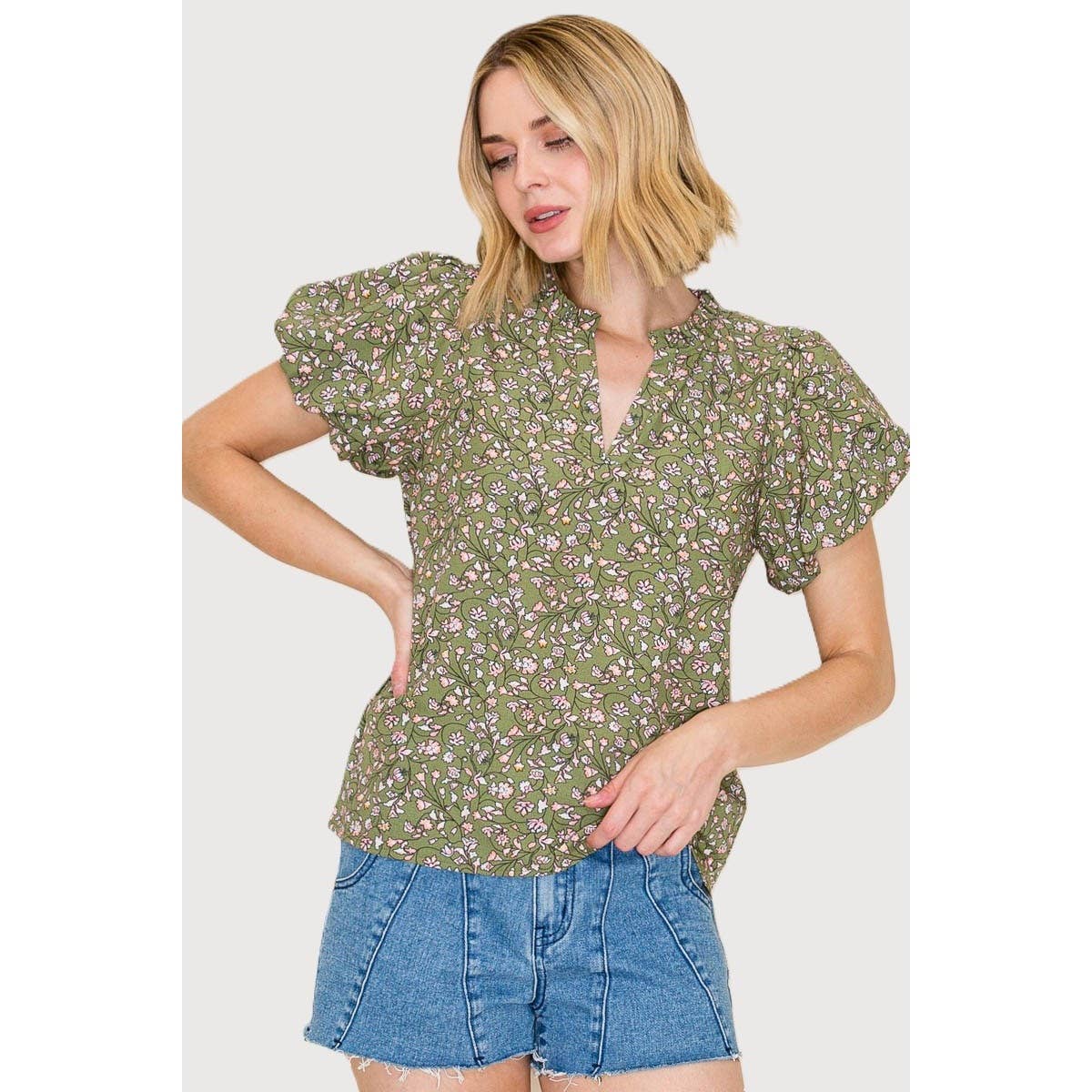 Frilled Split Neck Floral Top