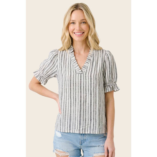 Frilled V Neck Striped Top