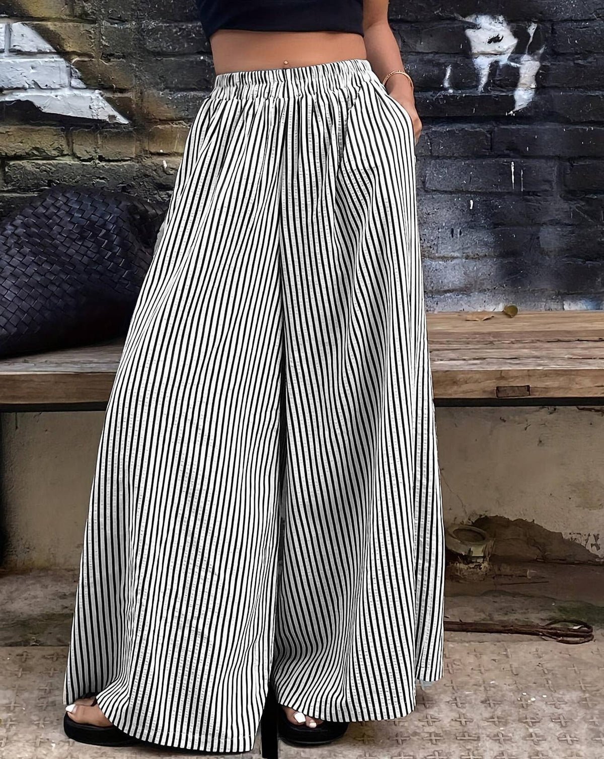 Elastic Waist Striped Wide Leg Pant