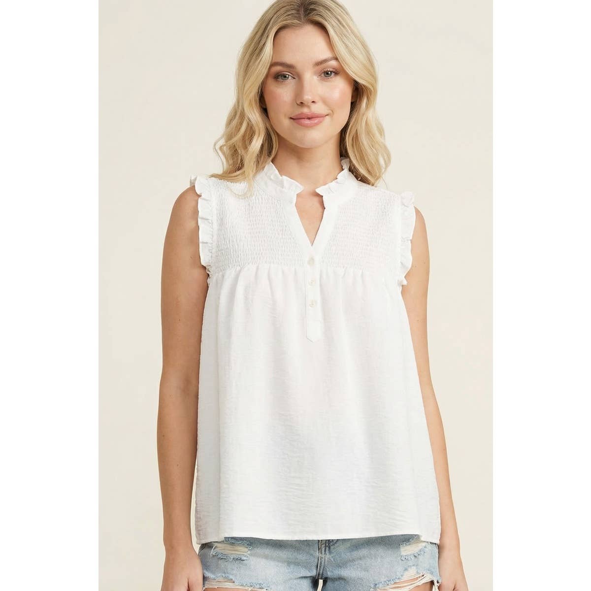 Frilled Button Down Smocked Top