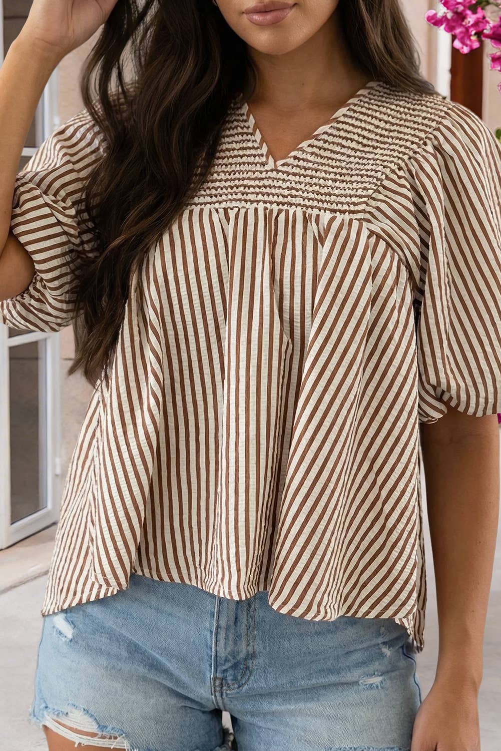V Neck Short Puff Sleeve Top