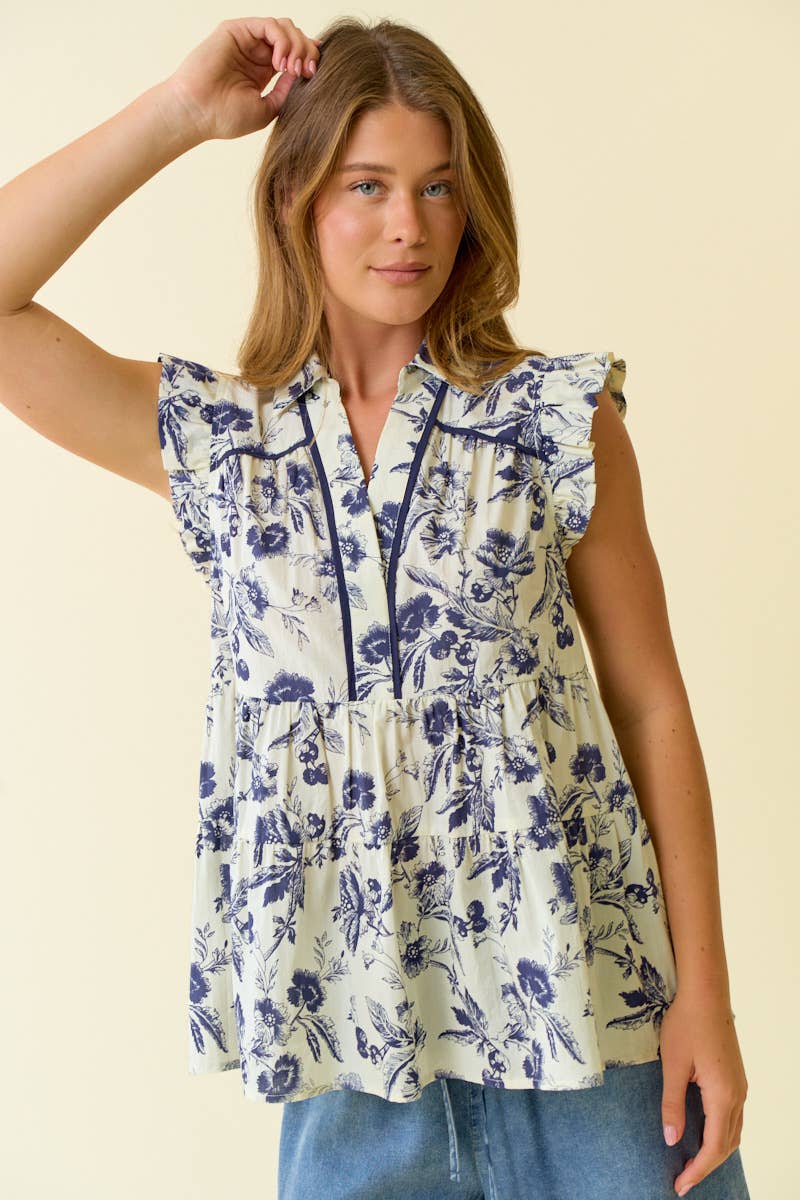 Split Neck Ruffled Tiered Top