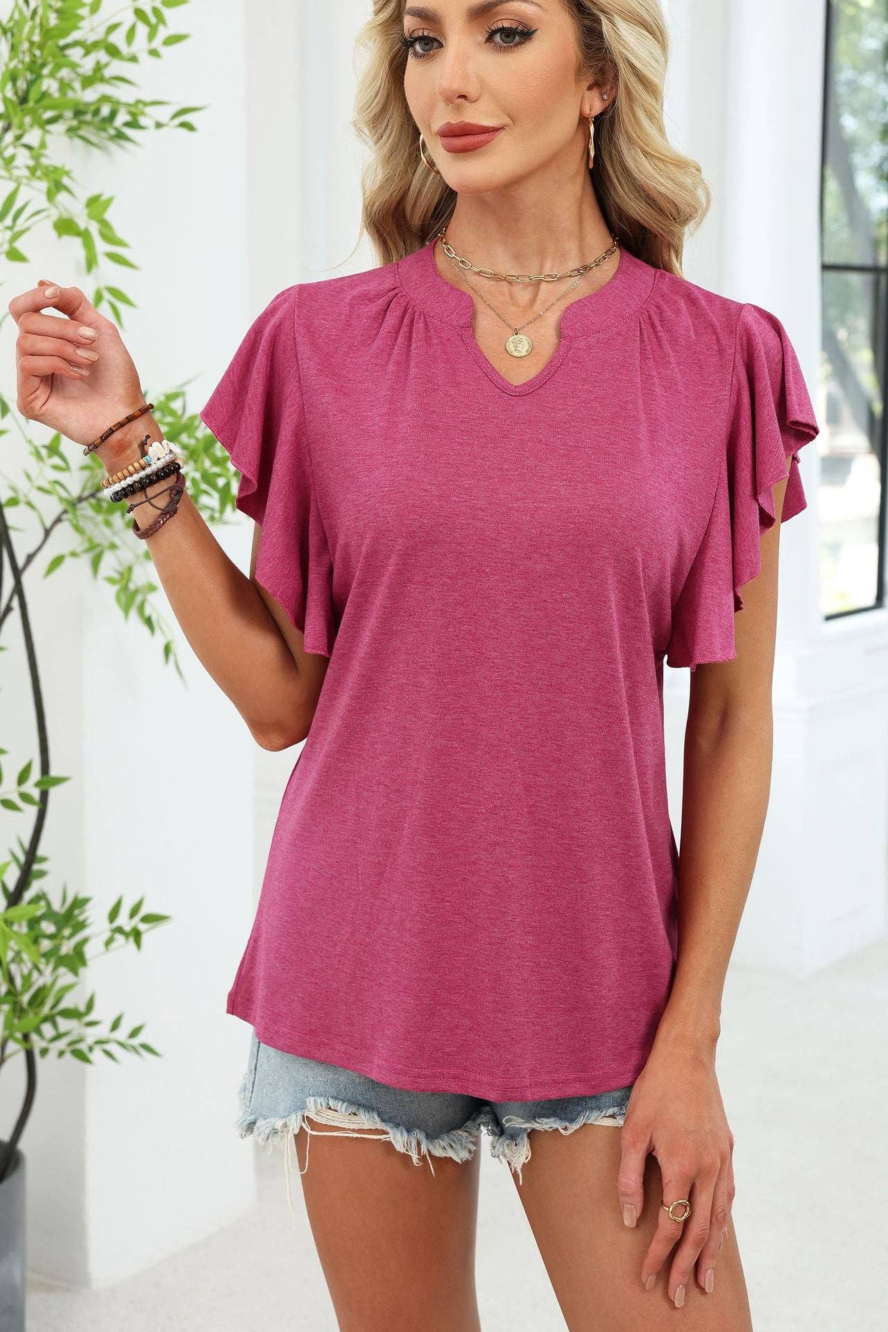 V Neck Flutter Sleeve Top