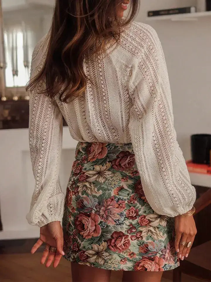 Open Knit Lace V Neck Top