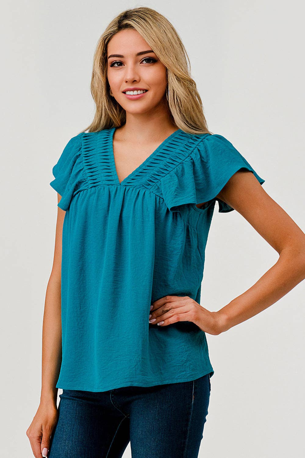 Pleated Detail Flutter Sleeve Top