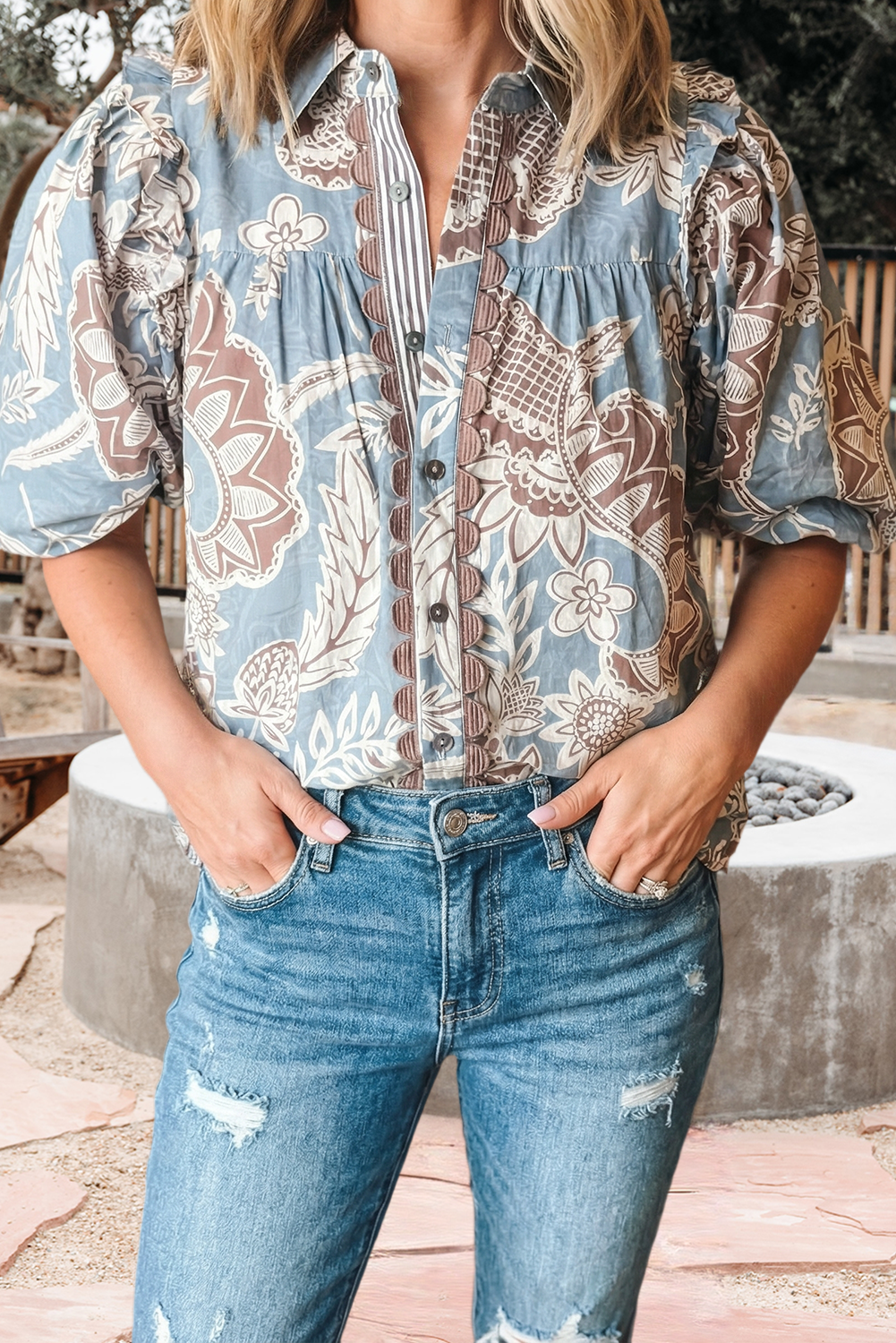 Boho Floral Print Button Down Top