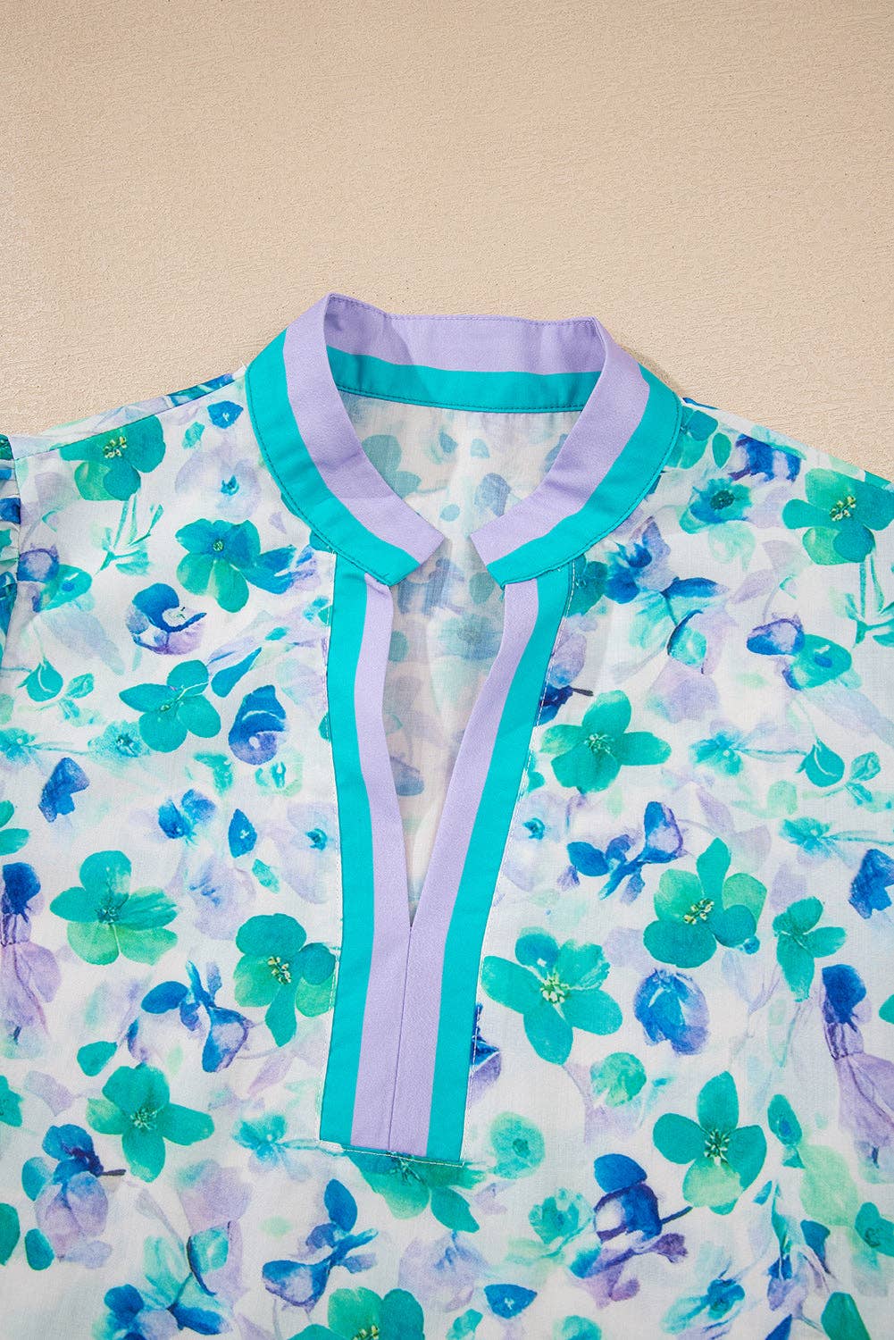 Floral Stripe Trim V Neck Top