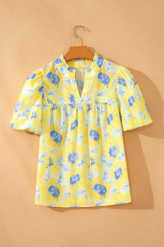 Floral Short Bubble Sleeve Blouse