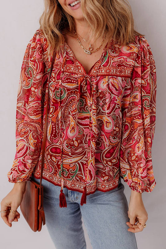 Long Sleeve Paisley Print Blouse