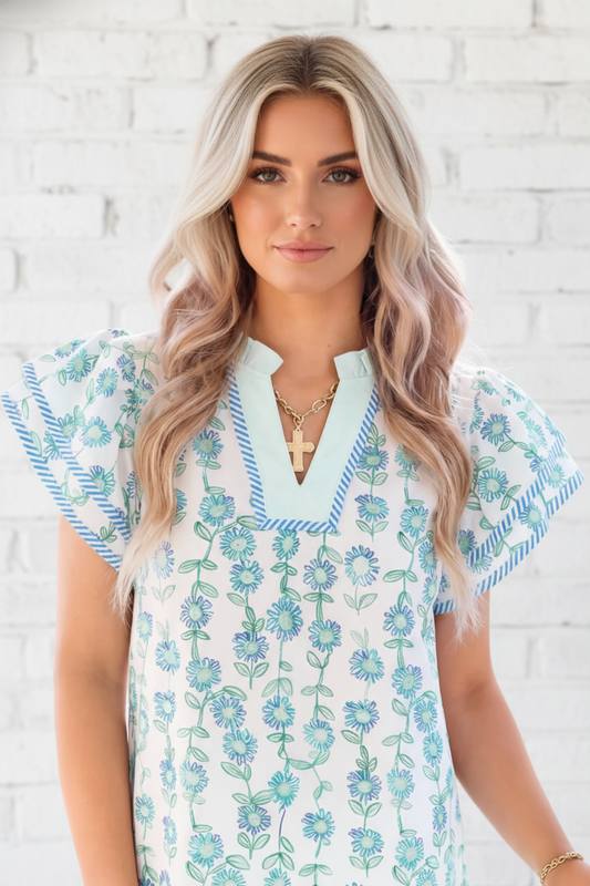 Stripe Trim Ruffle Sleeve V Neck Top