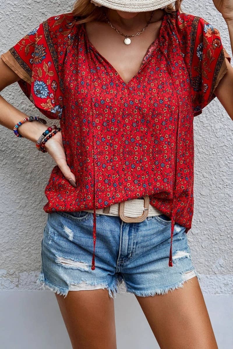 Boho Floral Print V-Neck Top