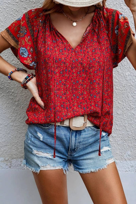 Boho Floral Print V-Neck Top