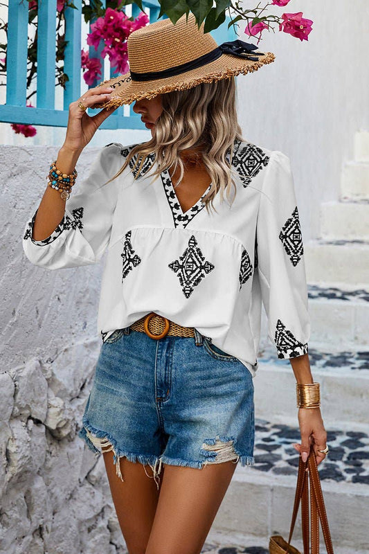 Loose Fit Printed V Neck Blouse