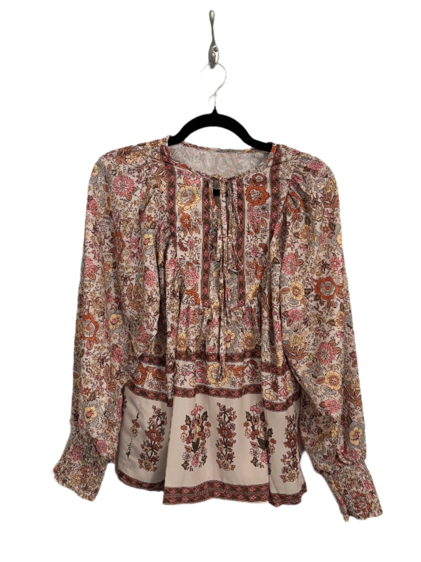 Neutral Floral Tie Neck Blouse