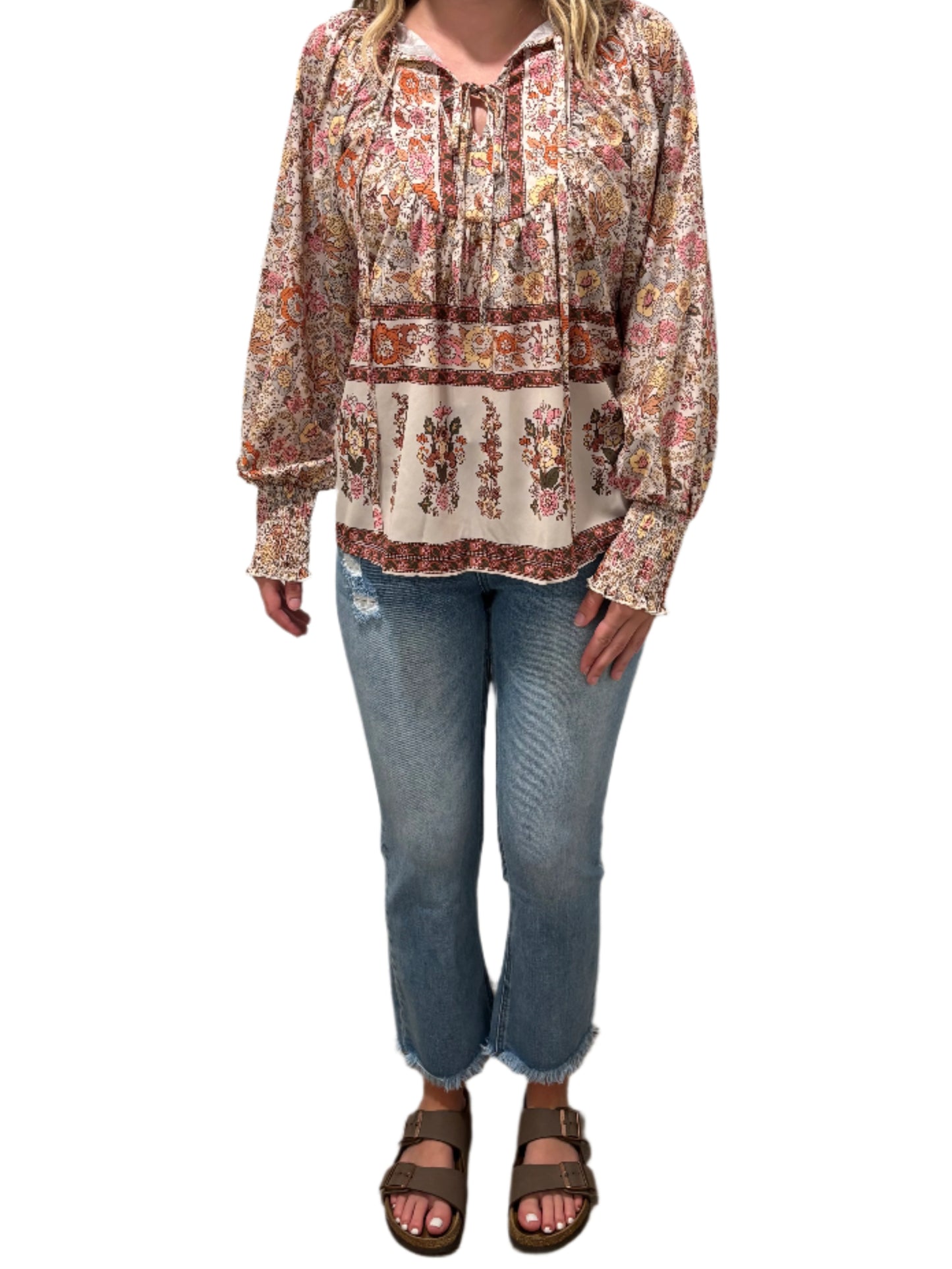 Neutral Floral Tie Neck Blouse