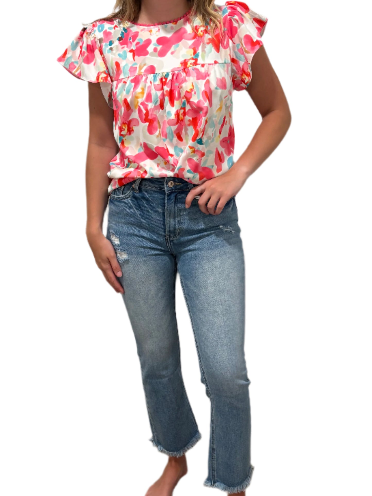 Floral Pink Flutter Sleeve Top