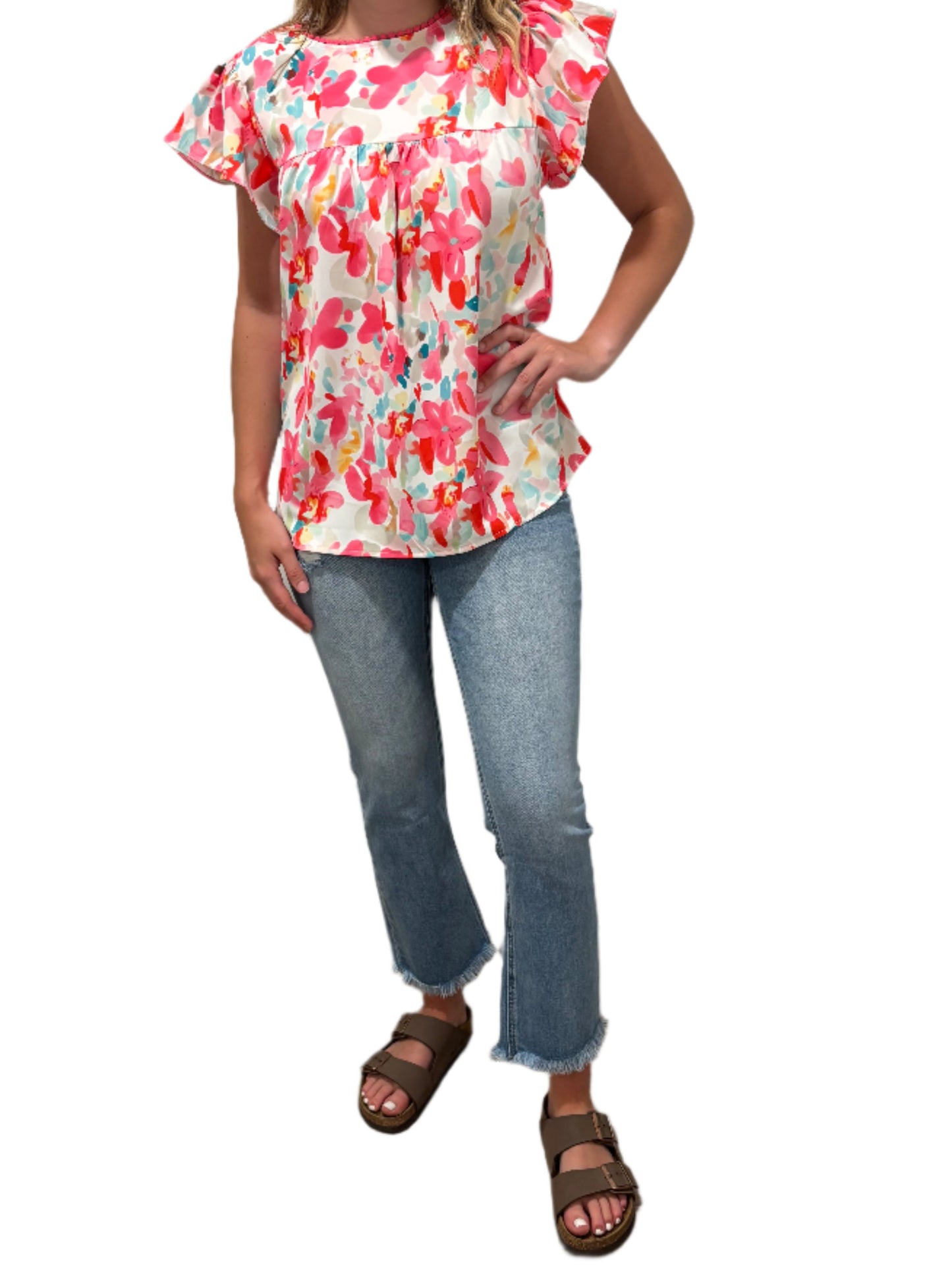 Floral Pink Flutter Sleeve Top
