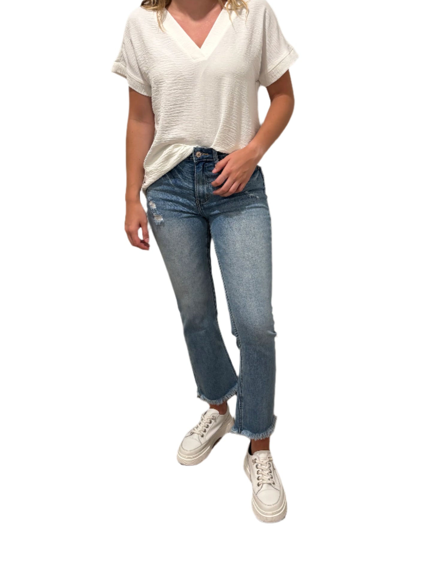 Woven V-Neck Hi-Low Hem Top