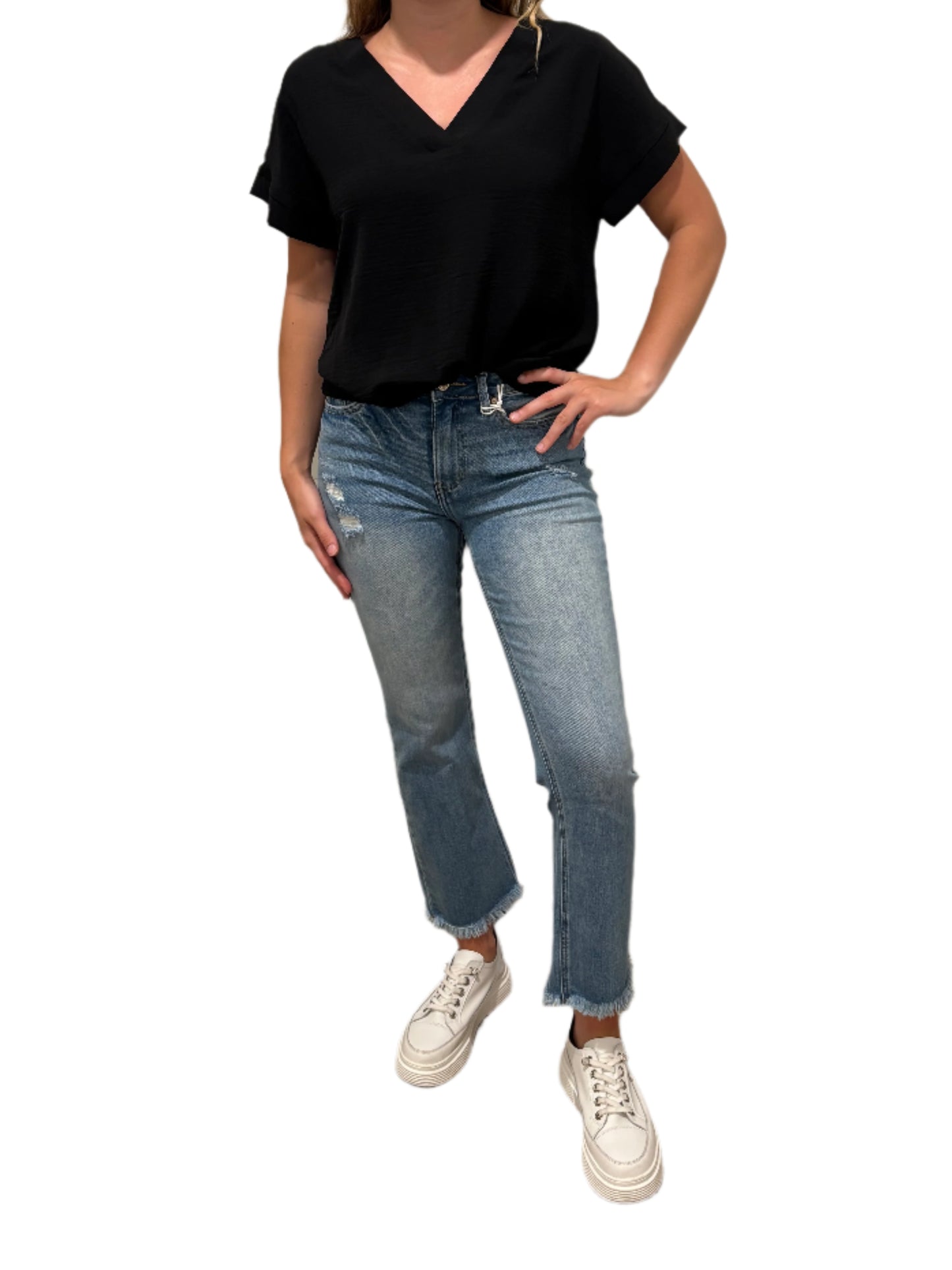 Woven V-Neck Hi-Low Hem Top