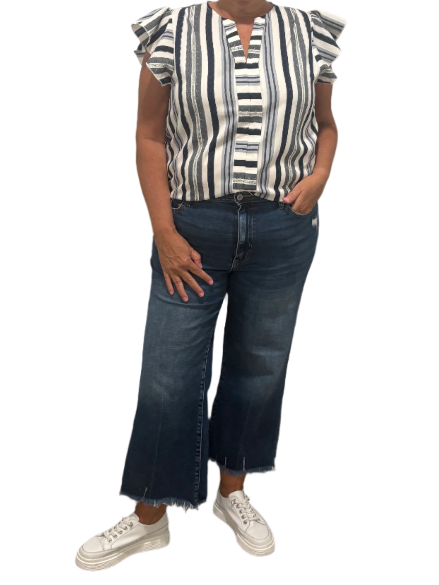 Striped Patchwork Ruffle Sleeve Top