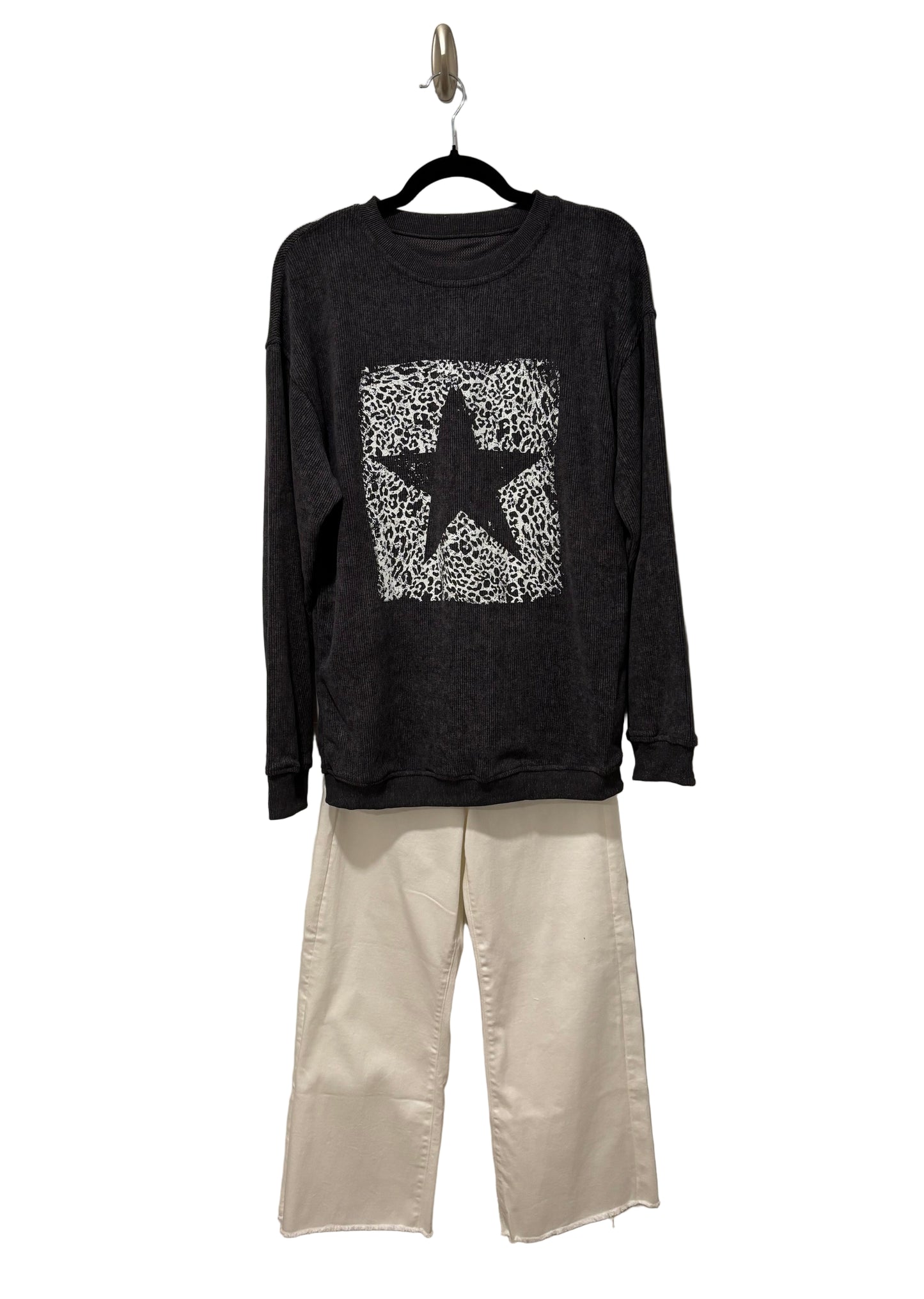 Leopard Star Corded Grey Sweatshirt