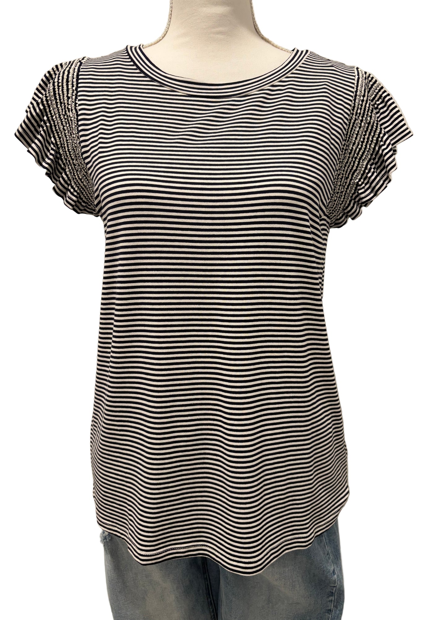 Navy and White Striped Ruffle Sleeve T- Shirt