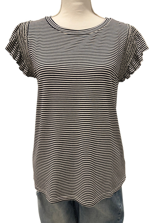 Navy and White Striped Ruffle Sleeve T- Shirt