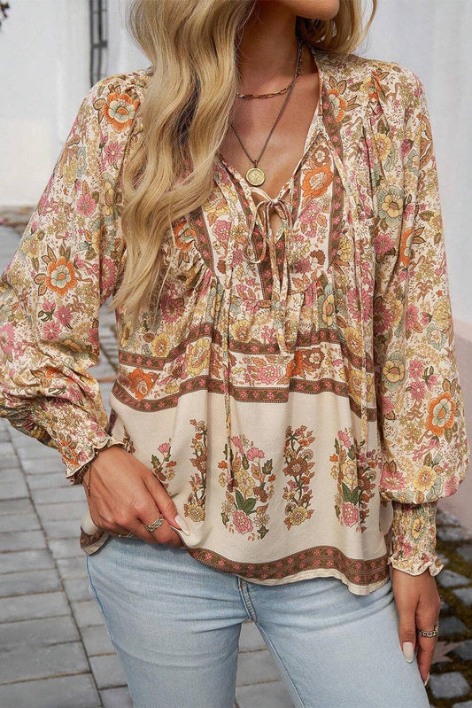 Neutral Floral Tie Neck Blouse
