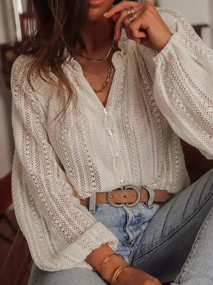 Open Knit Lace V Neck Top